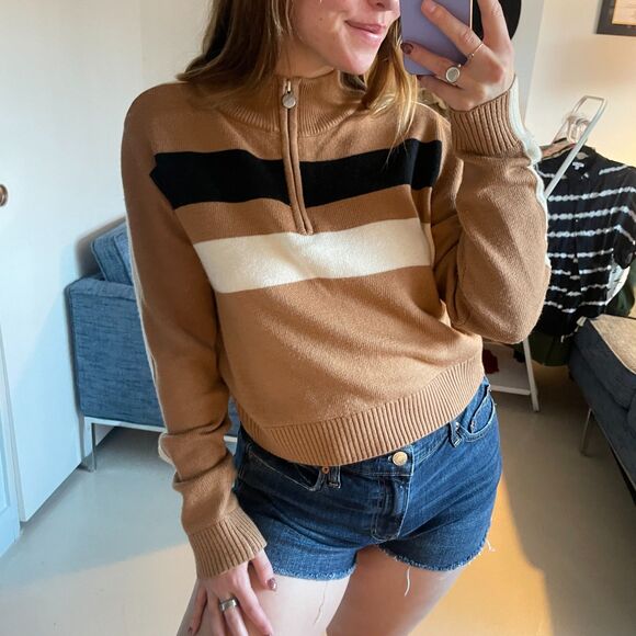 Perfect Moment Merino Wool Cropped Quarter-Zip Mock Neck Sweater Brown XL - Picture 2 of 9